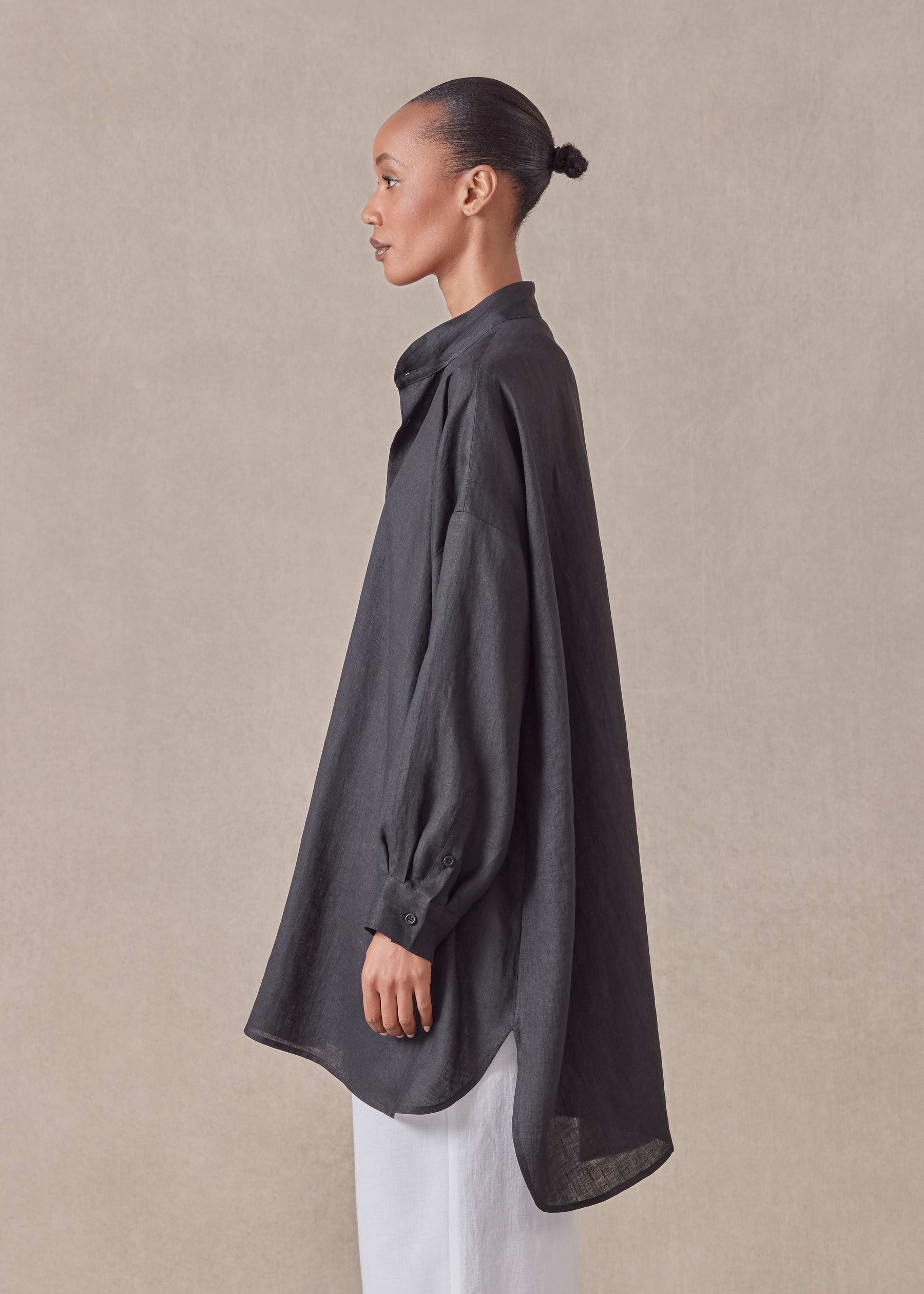 handkerchief linen wide a-line collarless classic shirt - long plus (black)
