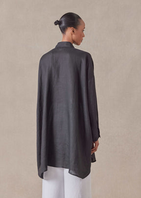 handkerchief linen wide a-line collarless classic shirt - long plus (black)