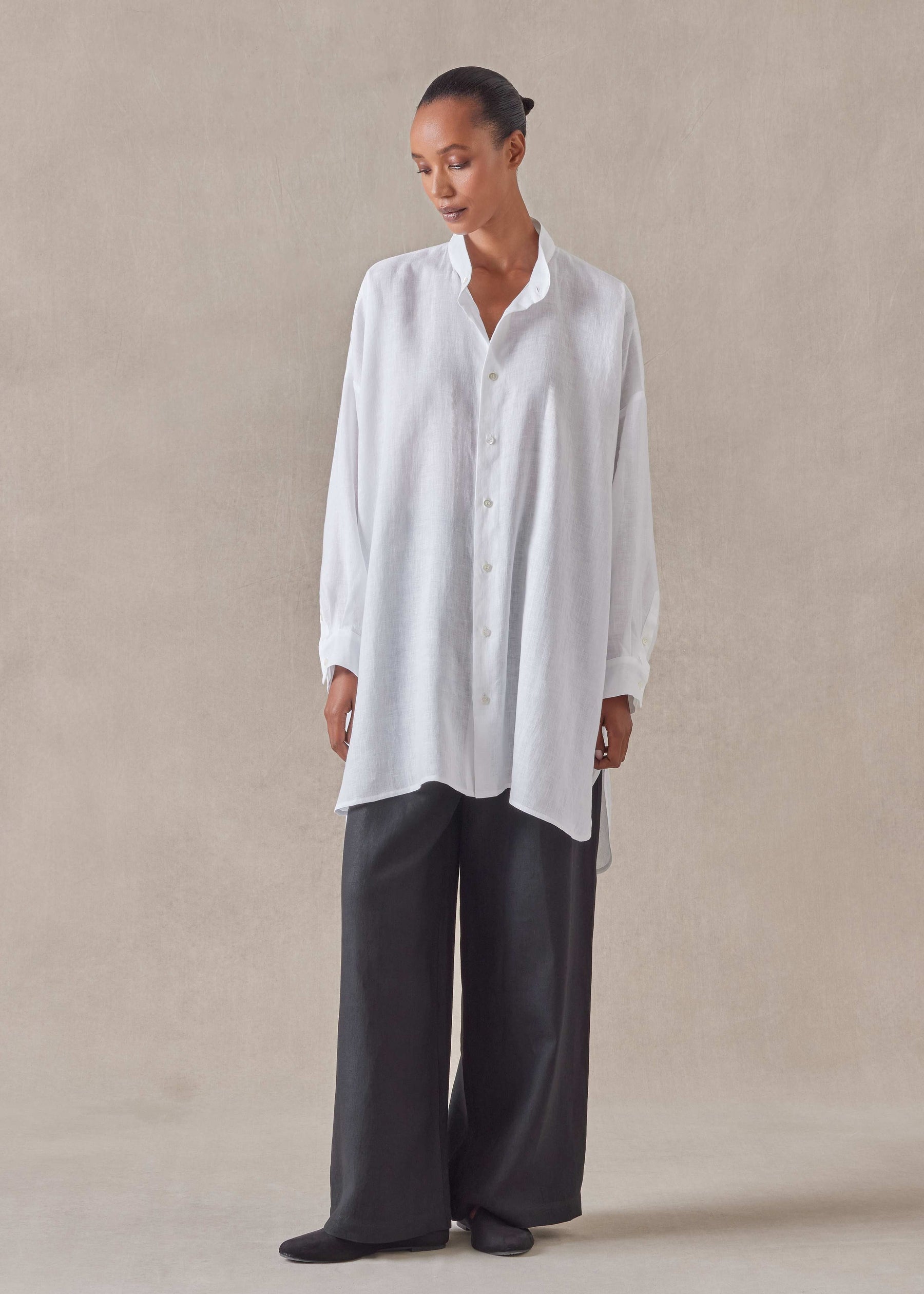 handkerchief linen wide a-line collarless classic shirt - long plus (white)