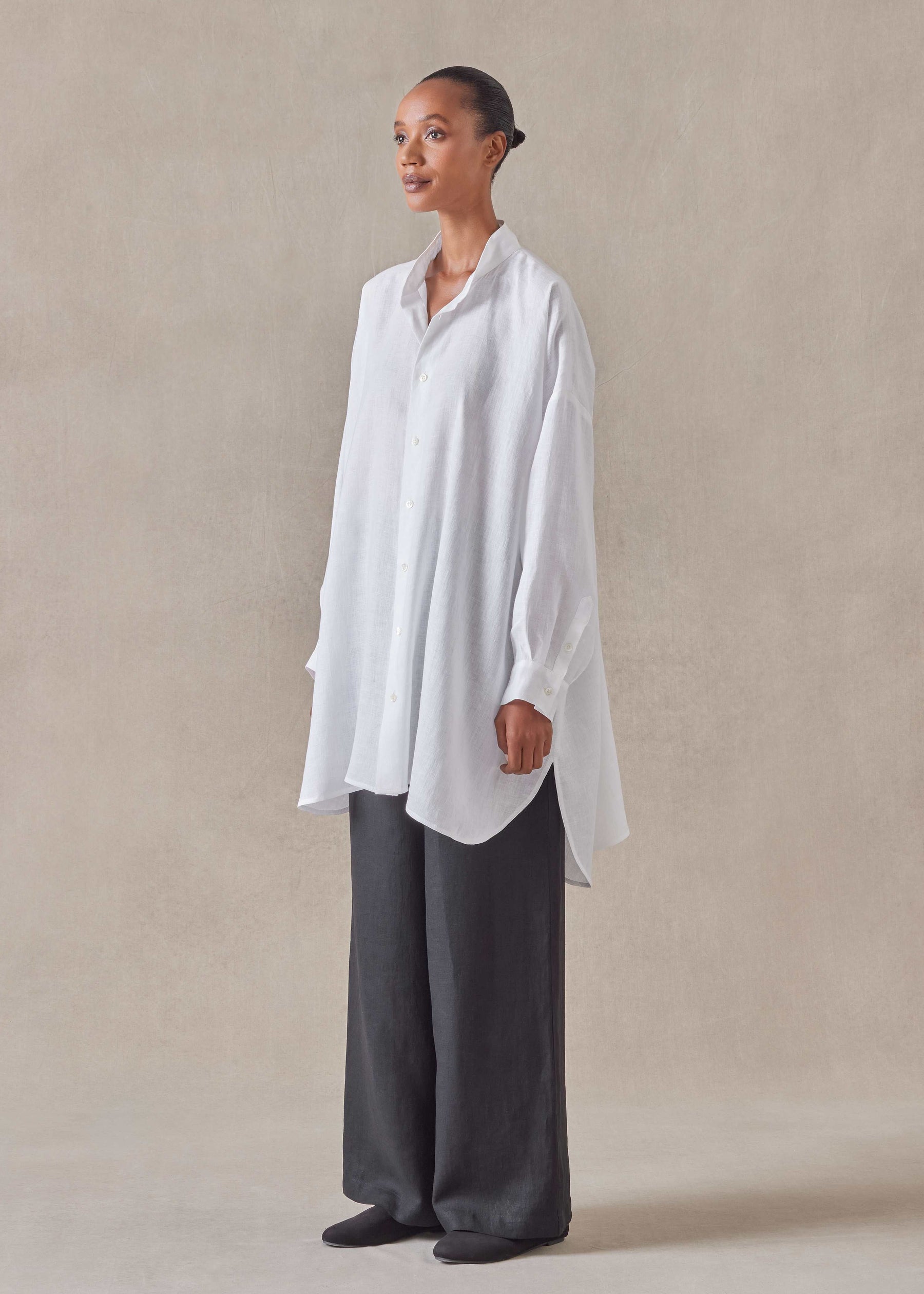 handkerchief linen wide a-line collarless classic shirt - long plus (white)