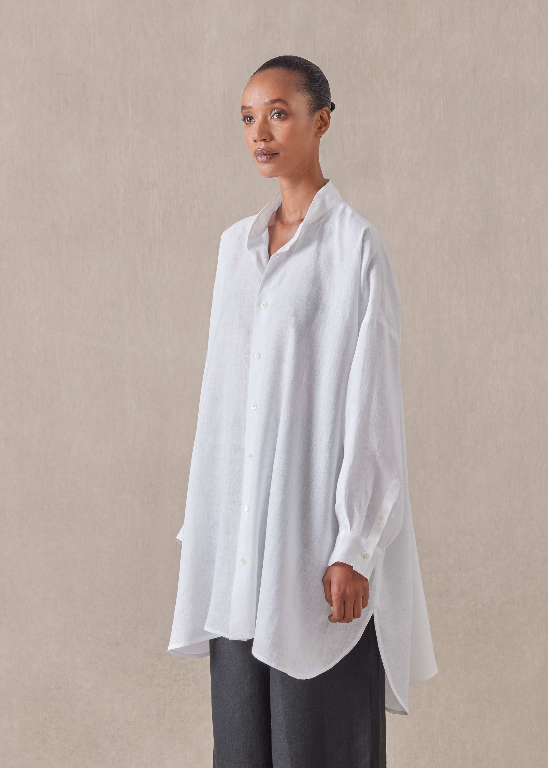 handkerchief linen wide a-line collarless classic shirt - long plus (white)
