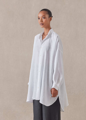 handkerchief linen wide a-line collarless classic shirt - long plus (white)