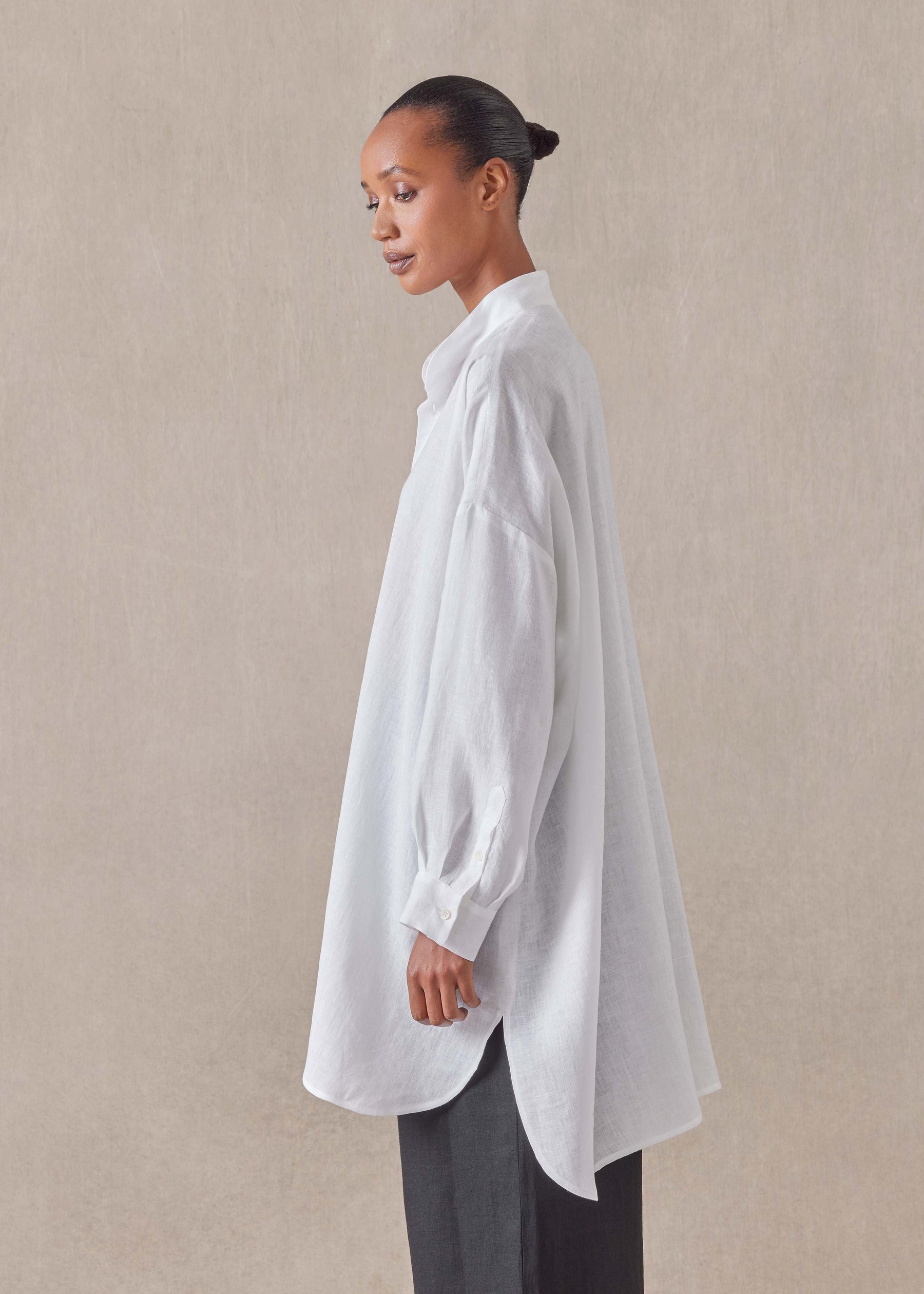 handkerchief linen wide a-line collarless classic shirt - long plus (white)