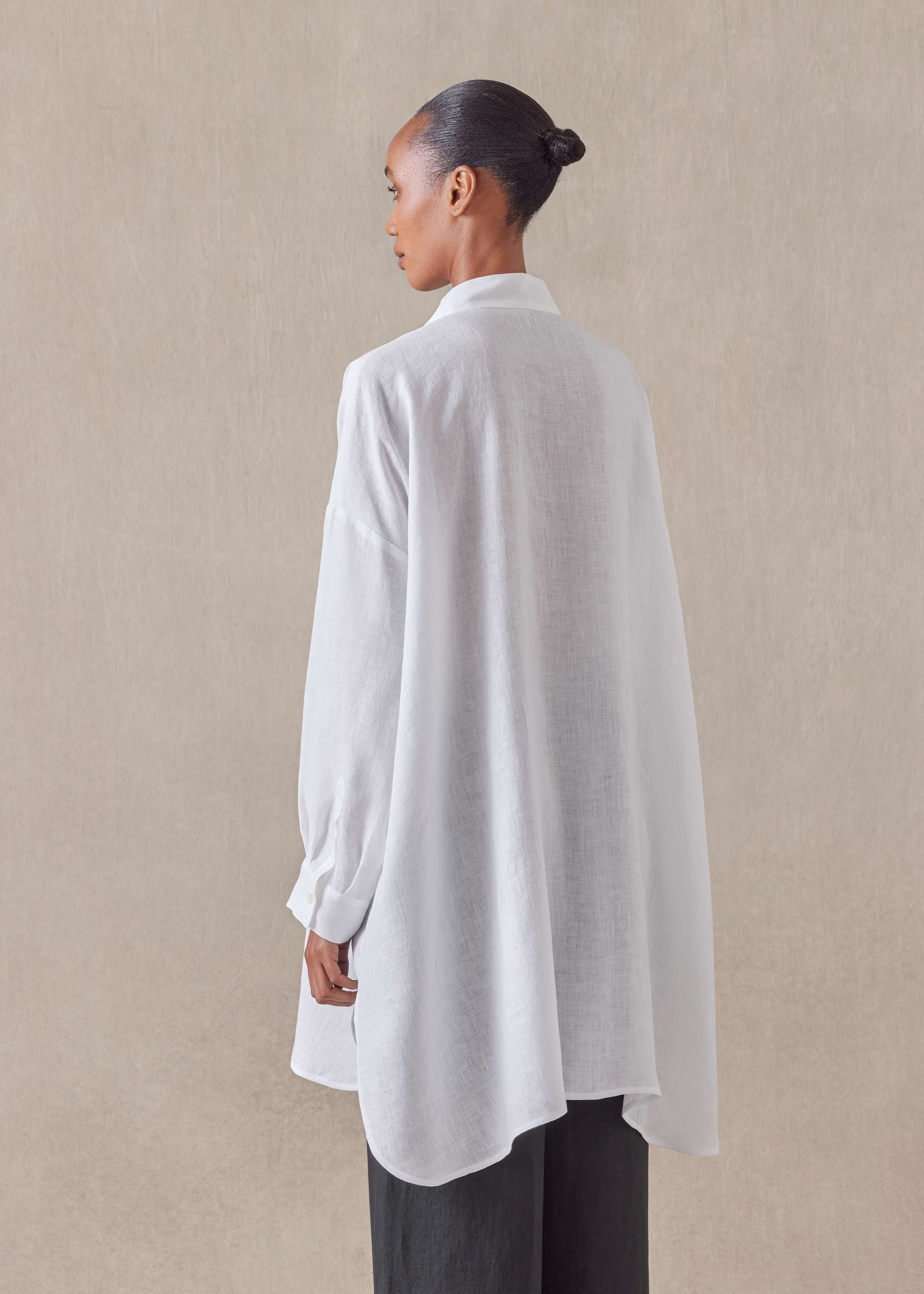 handkerchief linen wide a-line collarless classic shirt - long plus (white)