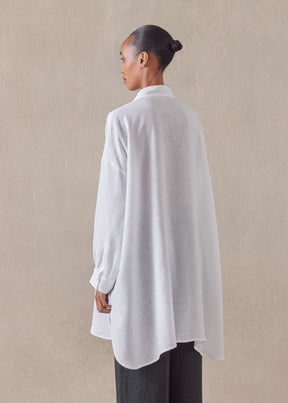 handkerchief linen wide a-line collarless classic shirt - long plus (white)