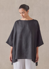 handkerchief linen sloped shoulder wide a-line scoop neck top - long (black)