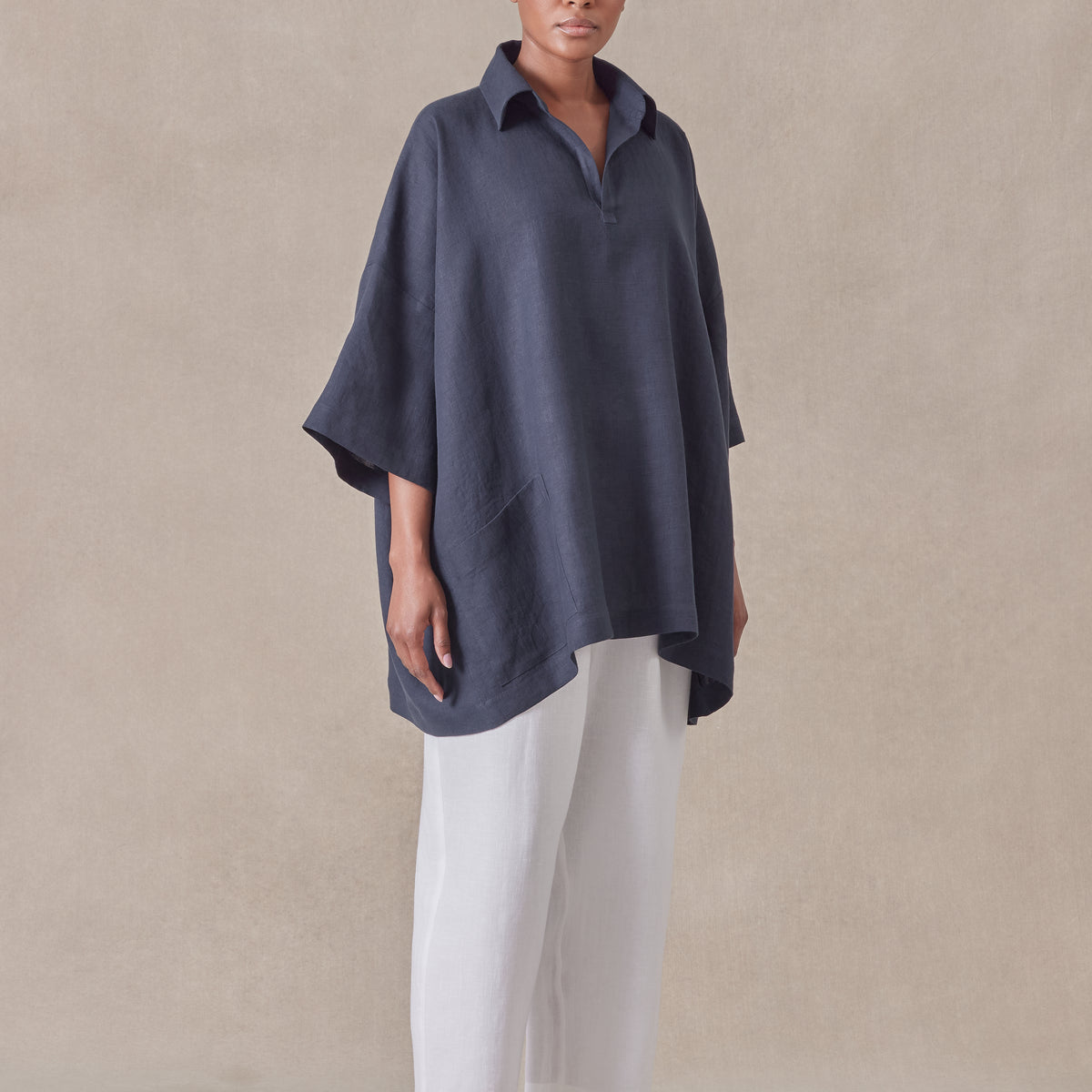 トップス eskandar INDIGO LINEN shirt linen angle to front side seam short sleeve tunic with