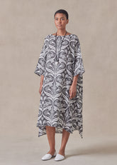 linen sloped shoulder wide a-line short sleeve scoop neck dress