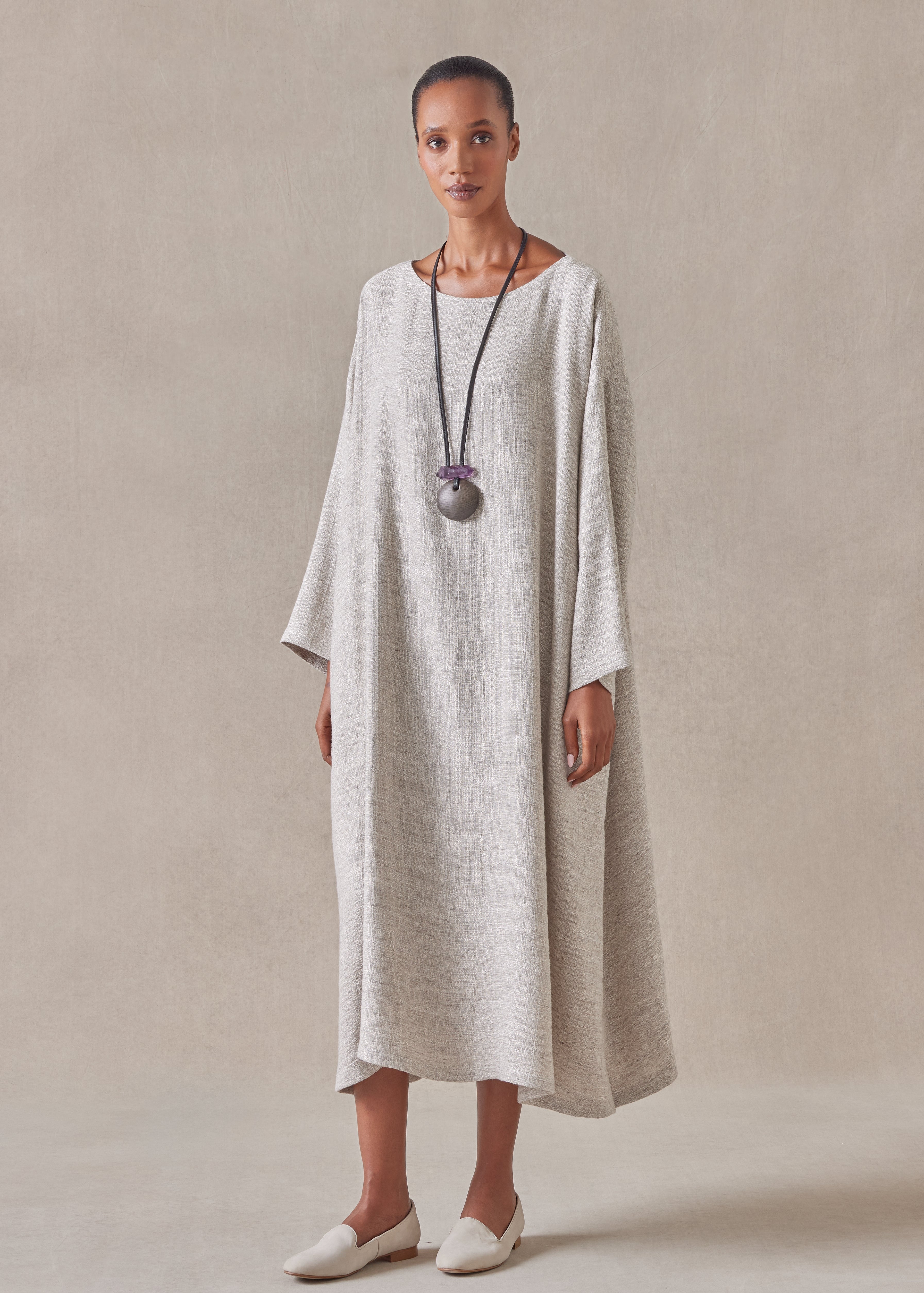 FRAMeWORK SILK-LINEN Ꮩネック textured linen mix wide a-line scoop neck dress (natural)