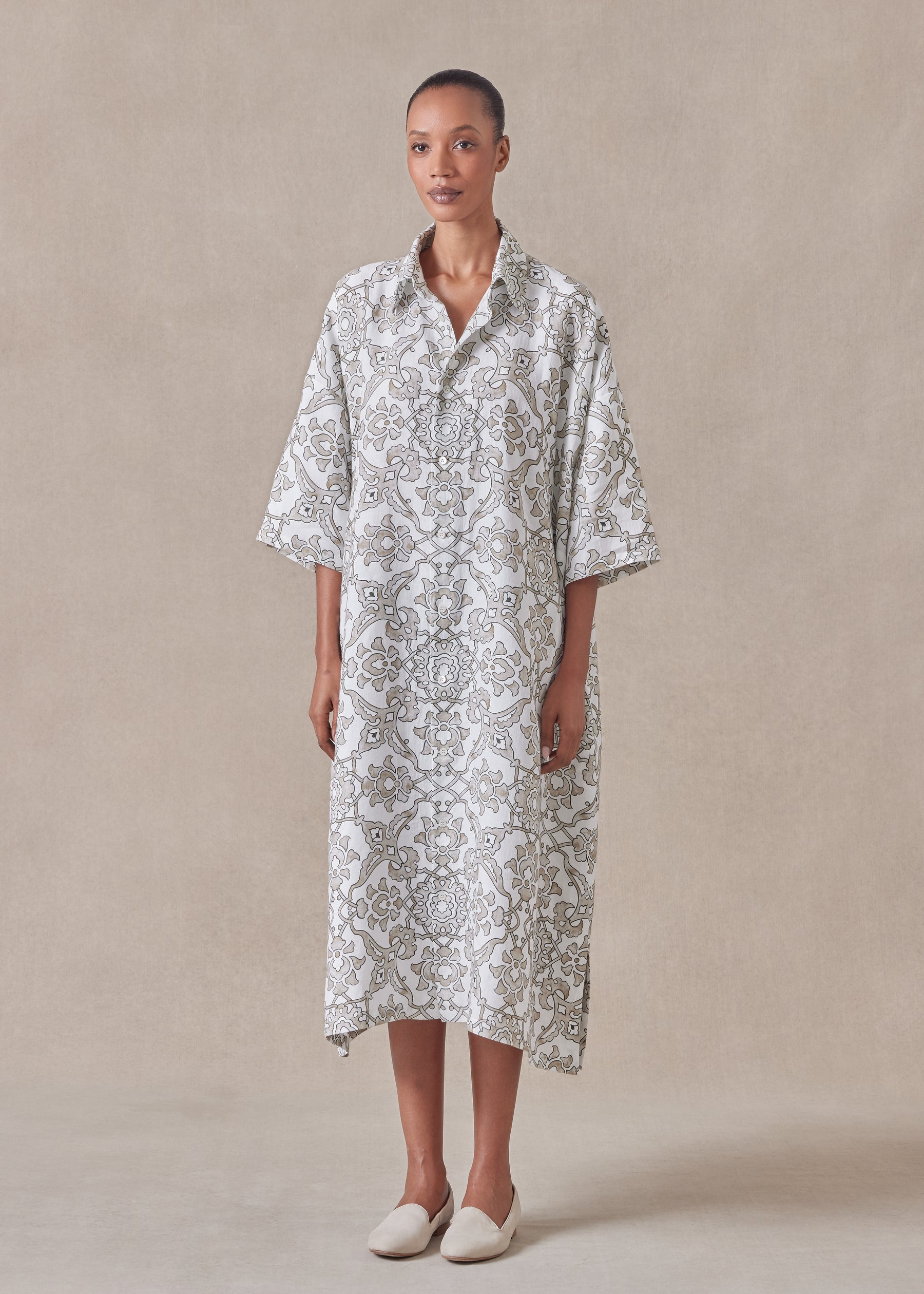 linen wide a-line short sleeve shirt dress with collar linen wide a-line short sleeve shirt dress with collar