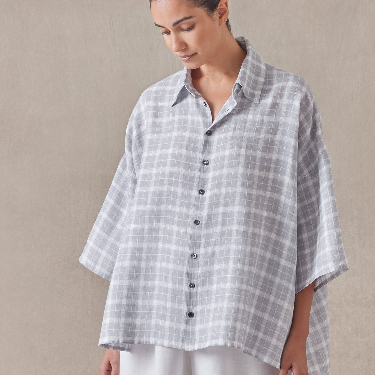 linen sloped shoulder wide a-line short sleeve shirt with collar - mid