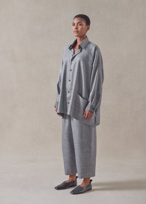 silk linen wool mix  wide a-line shirt jacket with collar - long