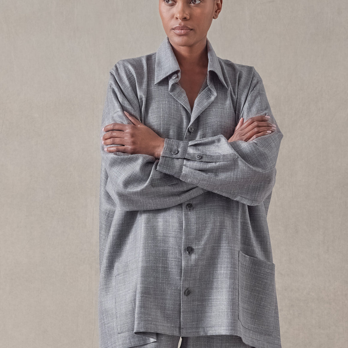 silk linen wool mix wide a-line shirt jacket with collar - long