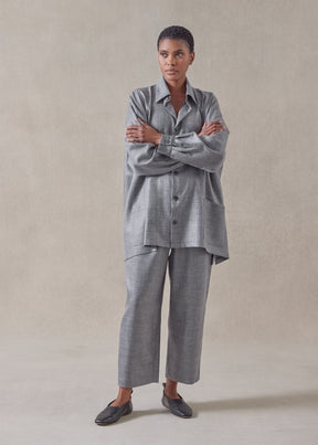 silk linen wool mix  wide a-line shirt jacket with collar - long