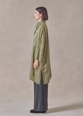 silk wide a-line double stand collar shirt - very long with slits (olive)