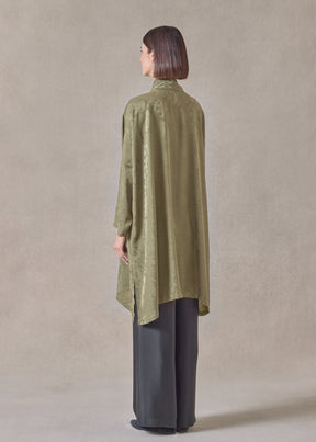 silk wide a-line double stand collar shirt - very long with slits (olive)