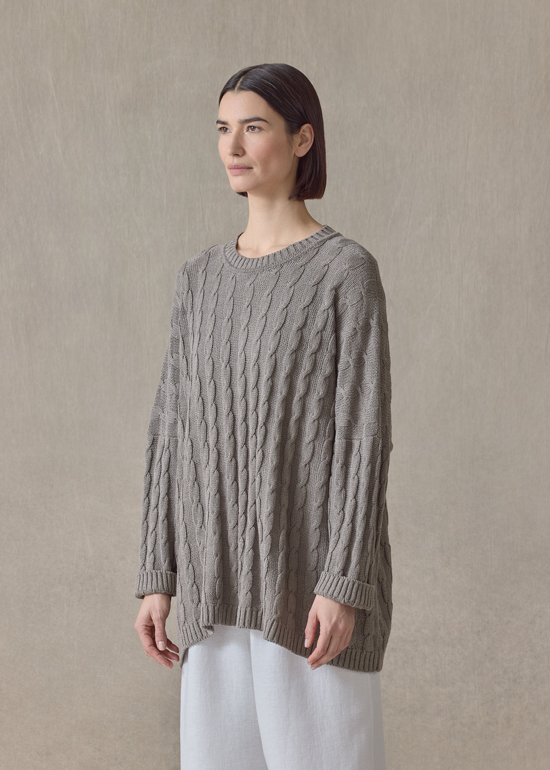 linen cotton mix round neck sweater - mid plus (mink)