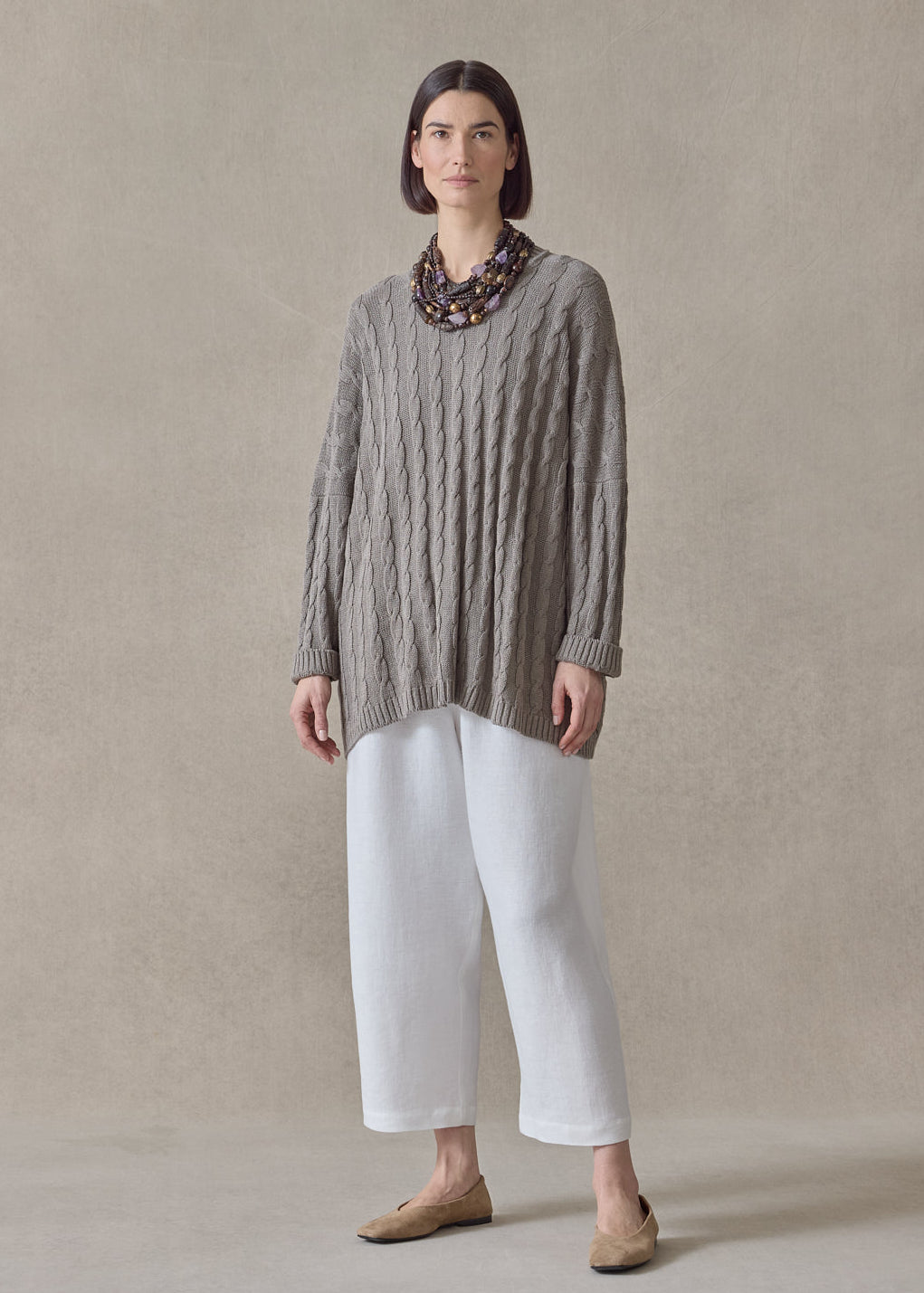 linen cotton mix round neck sweater - mid plus (mink)
