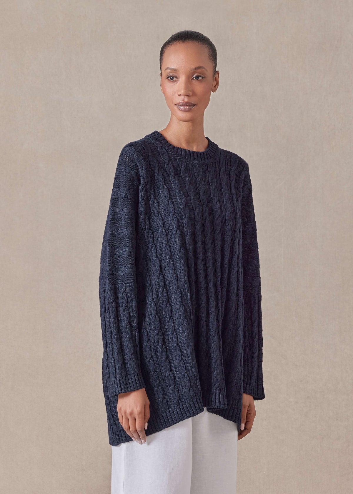 linen cotton mix round neck sweater - long (navydark)