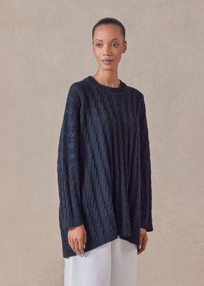 linen cotton mix round neck sweater - long (navydark)