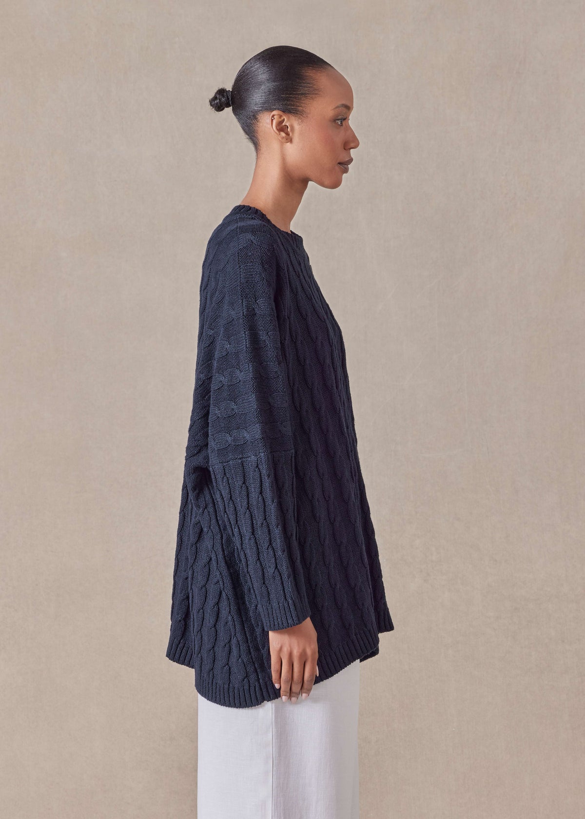 linen cotton mix round neck sweater - long (navydark)