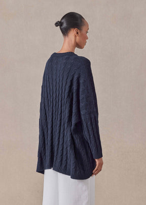 linen cotton mix round neck sweater - long (navydark)