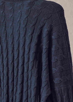 linen cotton mix round neck sweater - long (navydark)