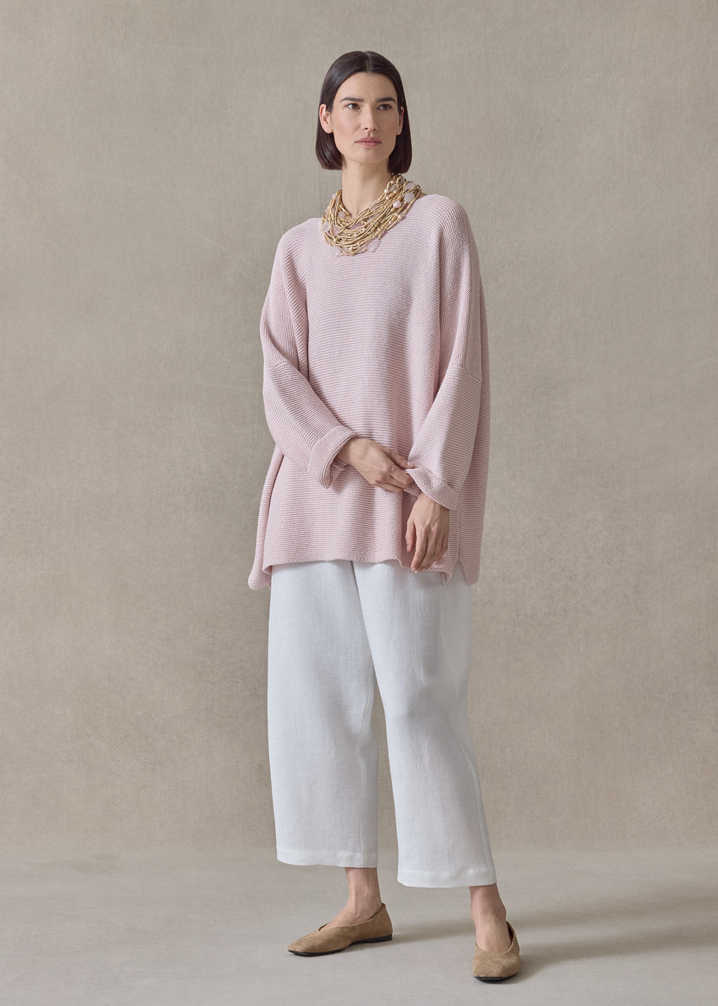 linen cotton mix bateau neck sweater - mid plus (rosepowder)