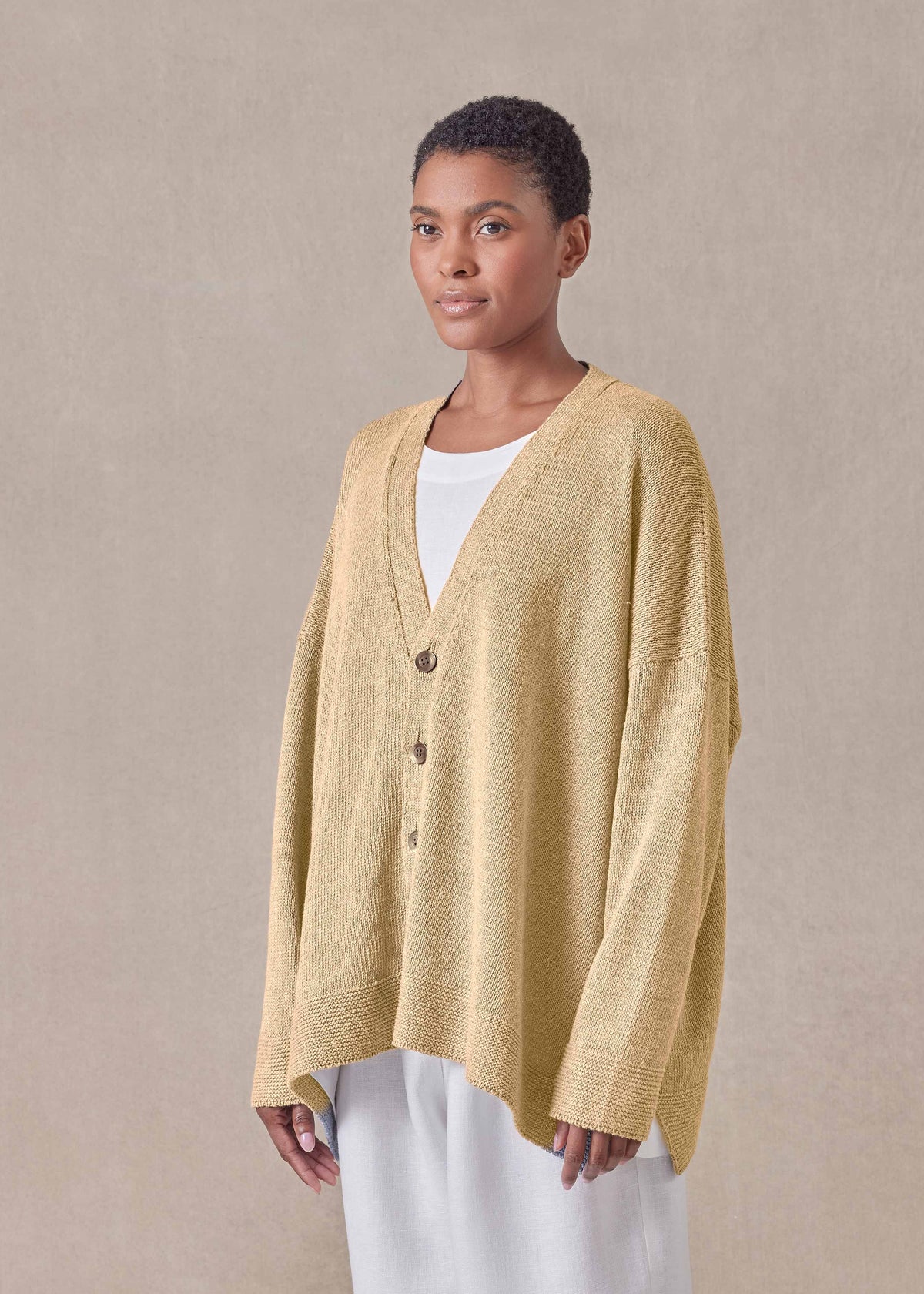 linen cotton mix V neck cardigan - mid (straw)