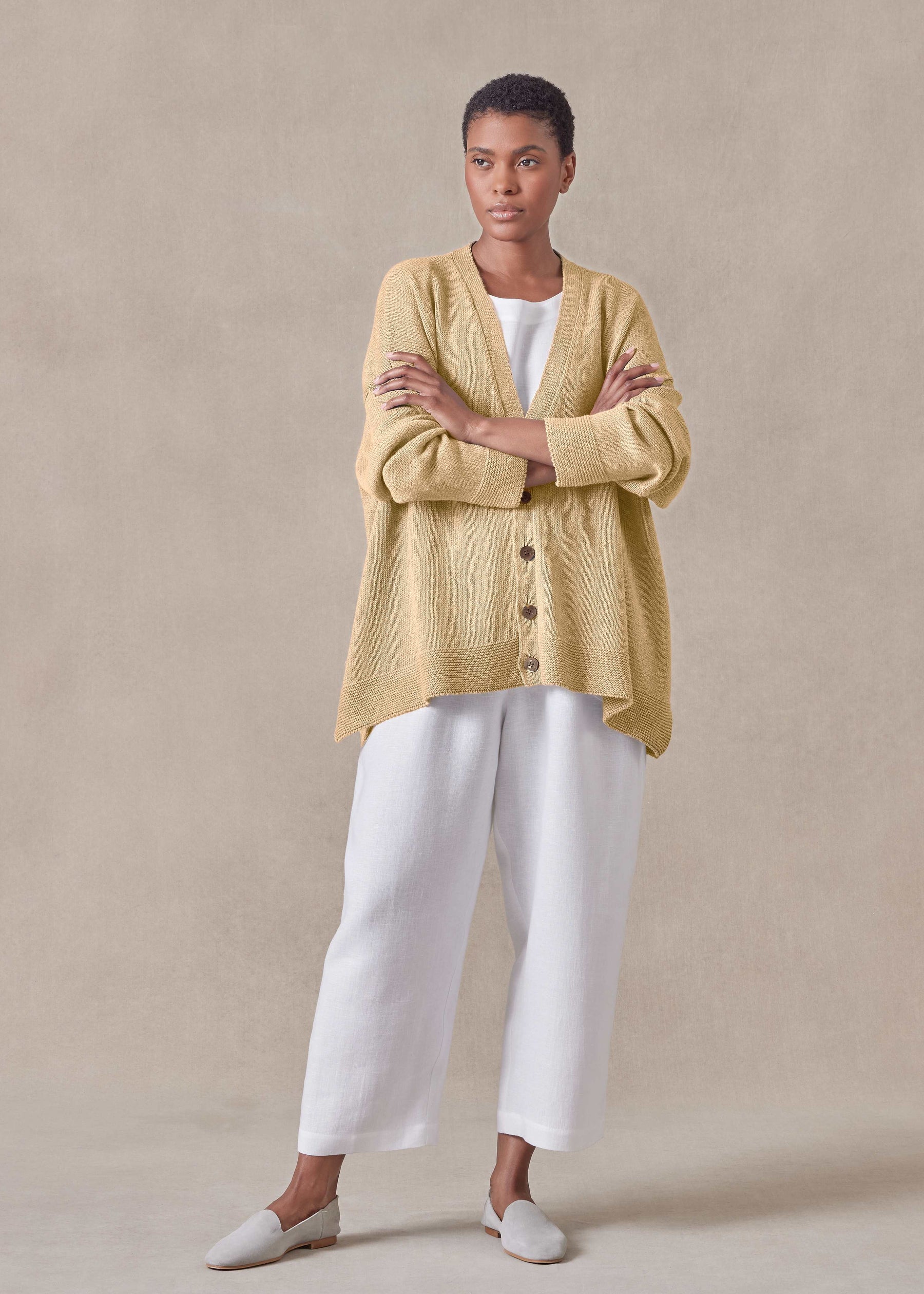 linen cotton mix V neck cardigan - mid (straw)