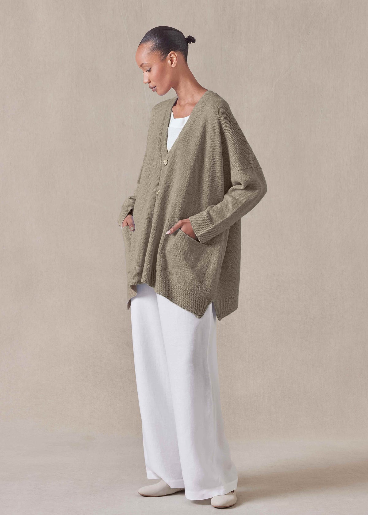 linen cotton mix V neck cardigan - long (mink)