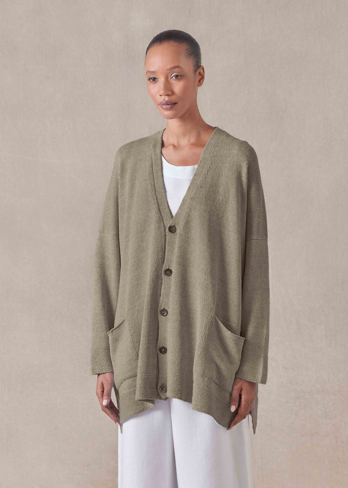 linen cotton mix V neck cardigan - long (mink)