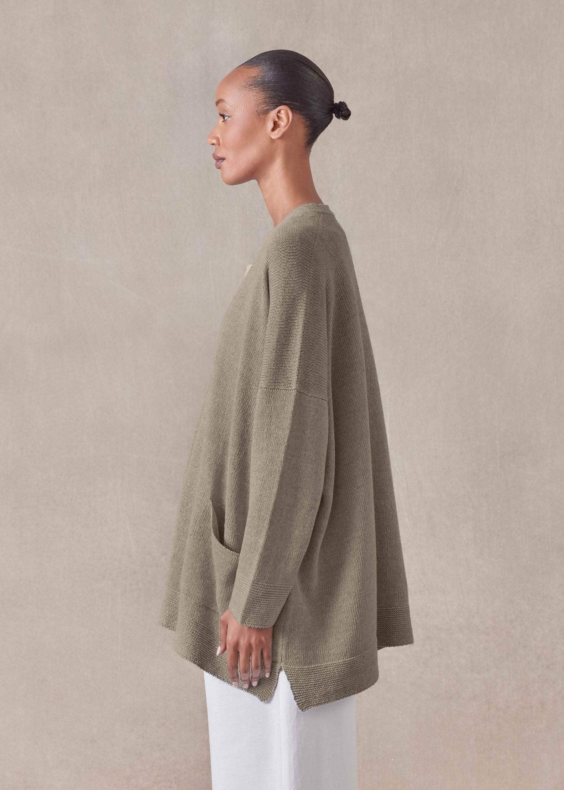 linen cotton mix V neck cardigan - long (mink)