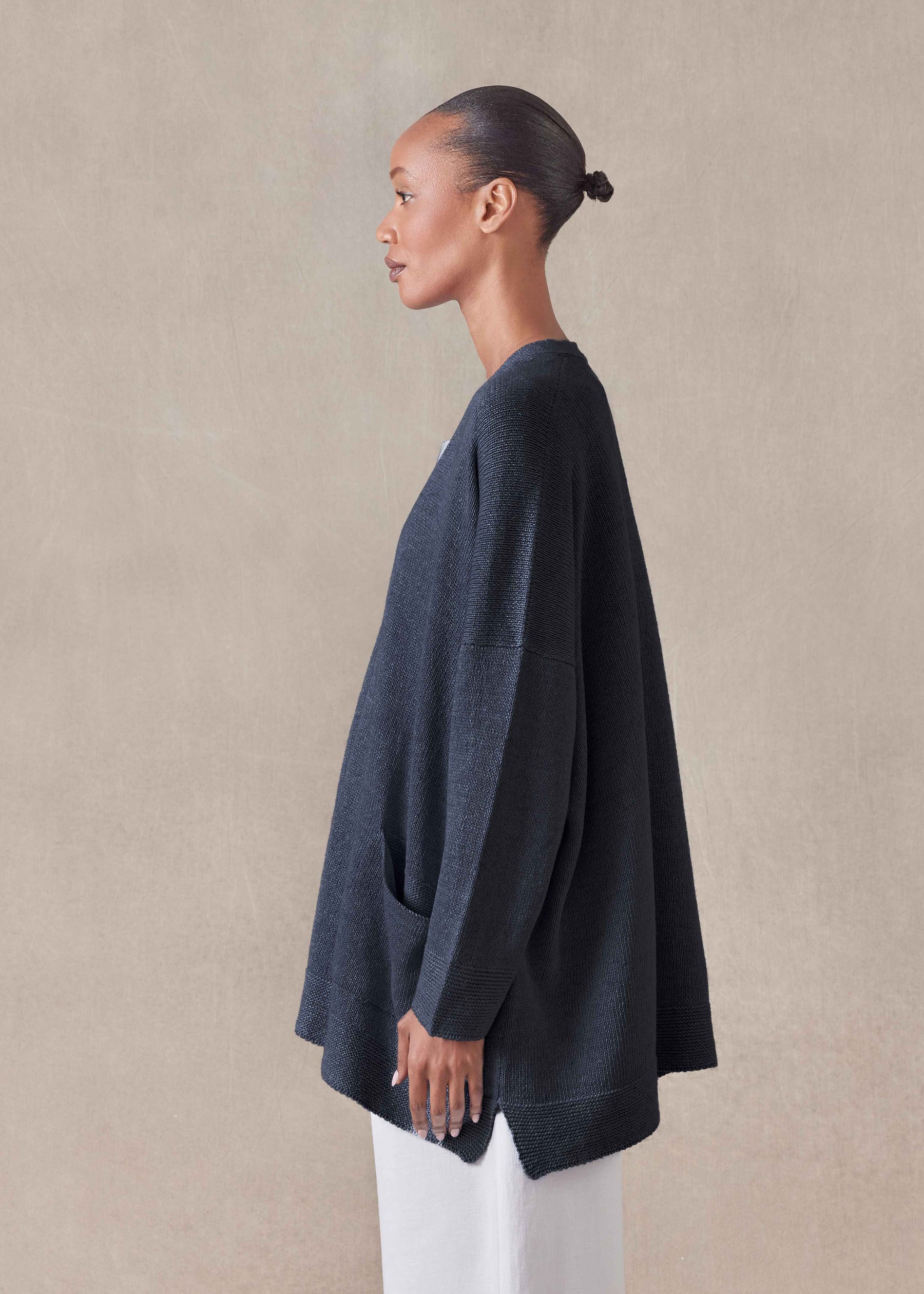 linen cotton mix V neck cardigan - long (navydark)