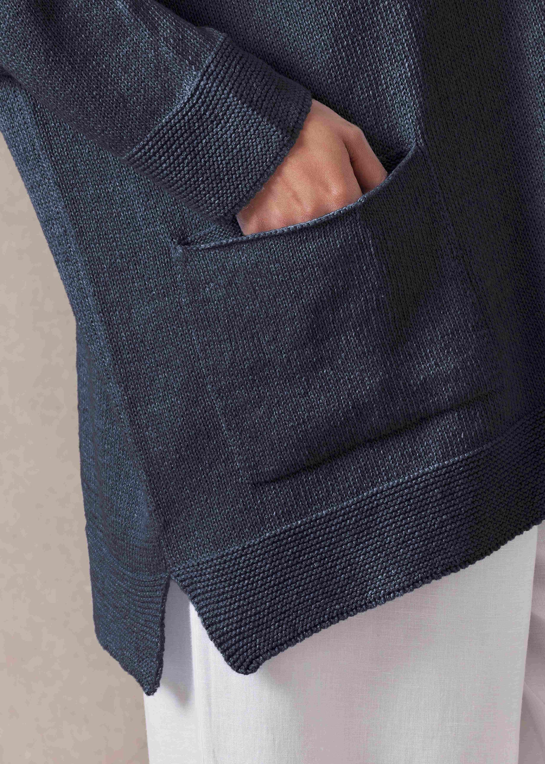 linen cotton mix V neck cardigan - long (navydark)