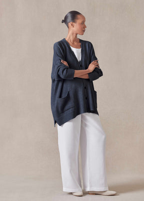 linen cotton mix V neck cardigan - long (navydark)