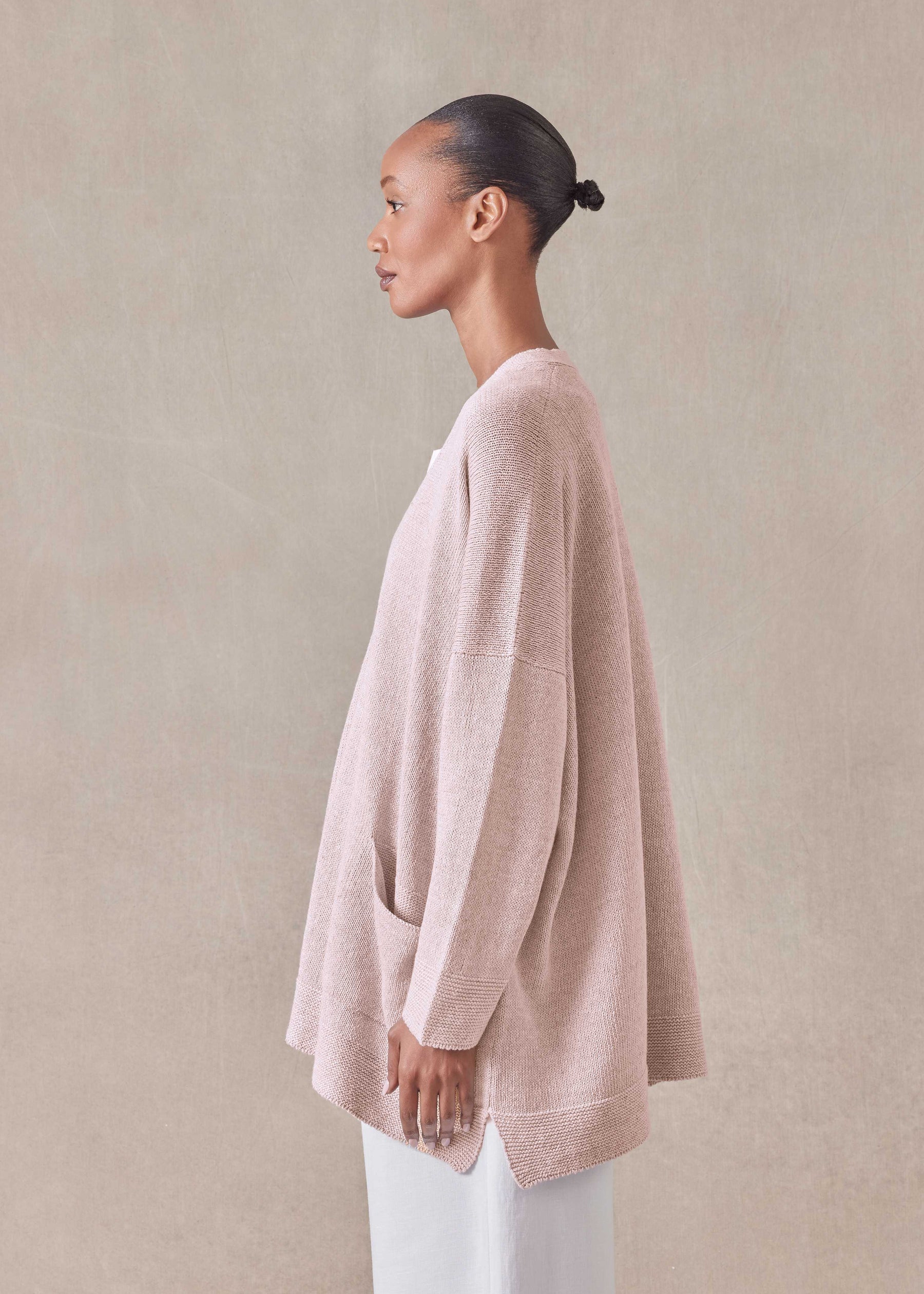 linen cotton mix V neck cardigan - long (rosepowder)