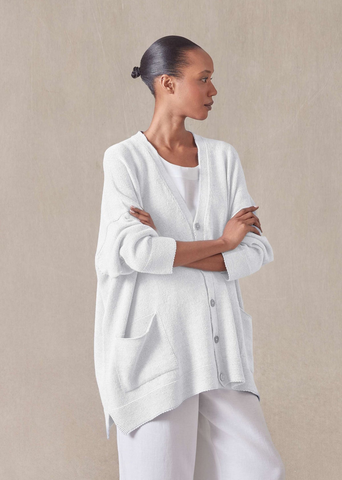 linen cotton mix V neck cardigan - long (white)