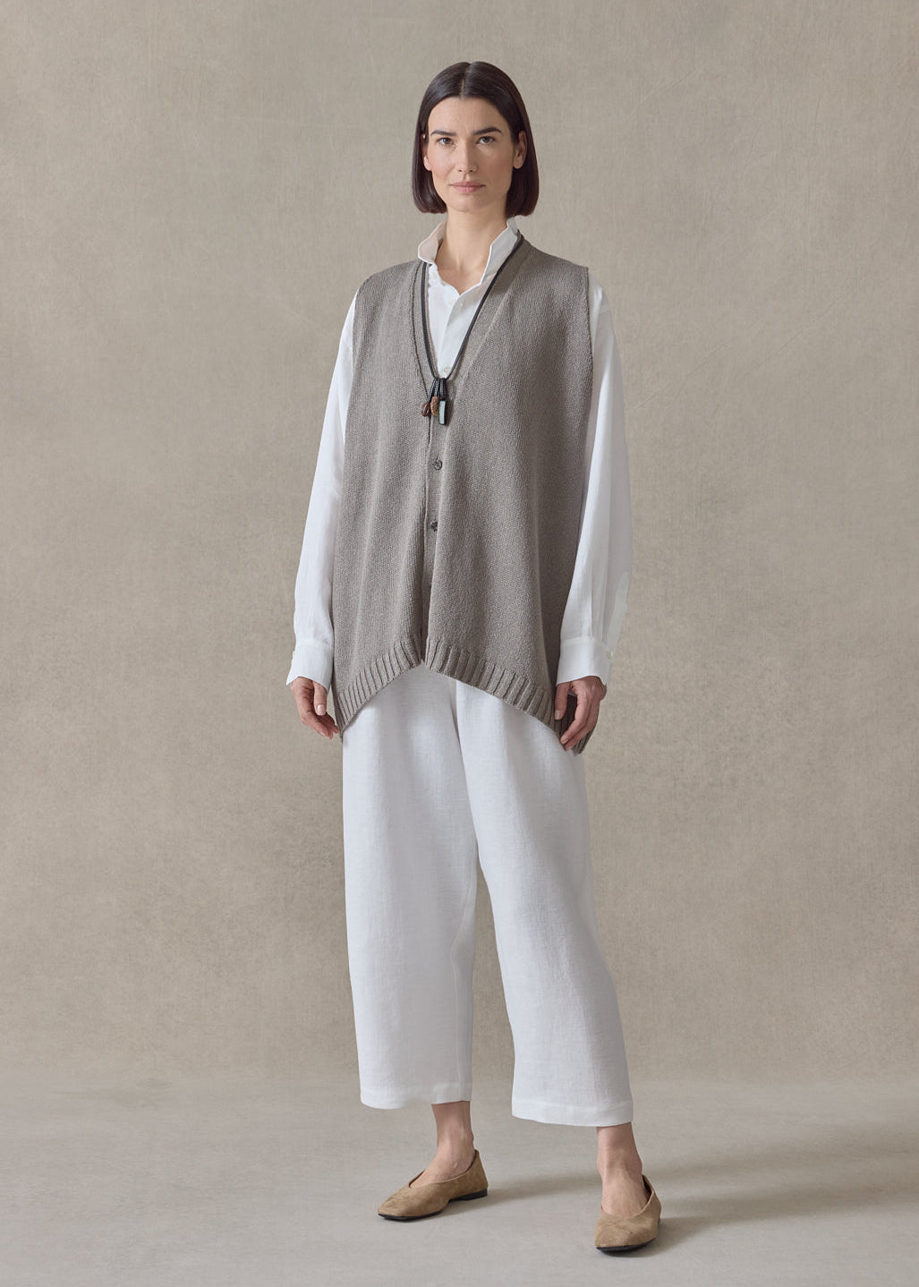 linen cotton a-line sleeveless v neck cardigan - mid plus (mink)
