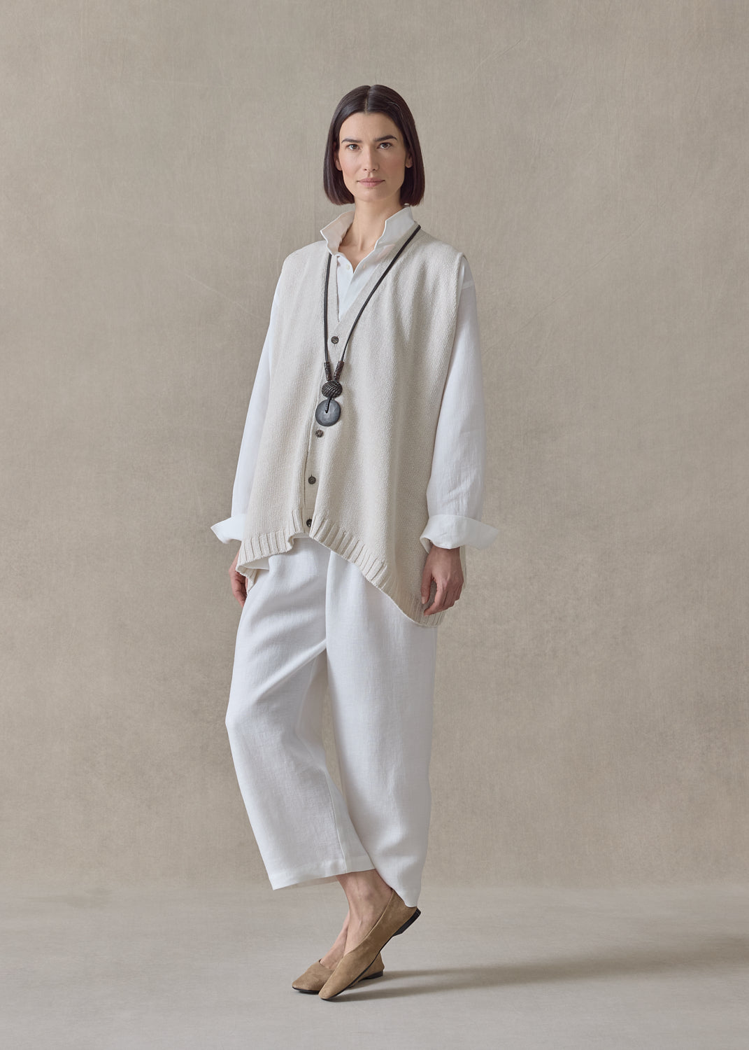 linen cotton a-line sleeveless v neck cardigan - mid plus (string)