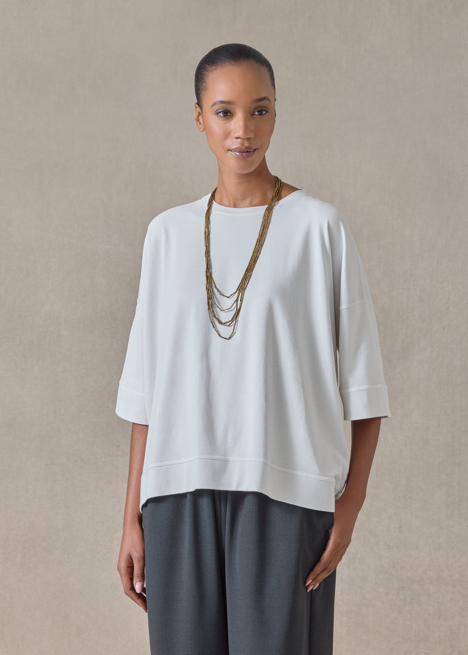 cotton jersey round neck 3/4 sleeve top with hembands - mid plus (silversoft)