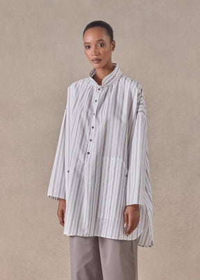 cotton sloped shoulder wide a-line artists smock with pleated collar - long plus (greyblue)