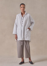 cotton sloped shoulder wide a-line artists smock with pleated collar - long plus (greyblue)