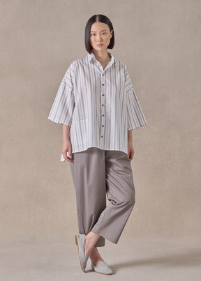 cotton sloped shoulder wide a-line short sleeve shirt with collar - mid plus (greyblue)