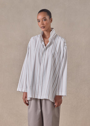 cotton slim a-line shirt with double stand collar and stepped insert - long (greyblue)