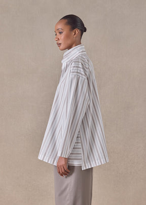 cotton slim a-line shirt with double stand collar and stepped insert - long (greyblue)