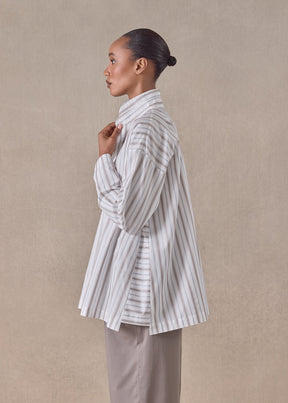 cotton slim a-line shirt with double stand collar and stepped insert - long (greyblue)