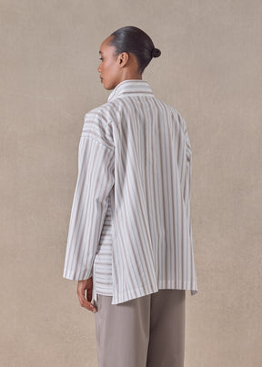 cotton slim a-line shirt with double stand collar and stepped insert - long (greyblue)