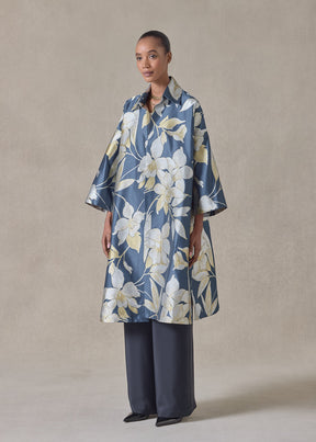 silk mix sloped shoulder wide a-line open jacket with collar - 3/4 length (bluegold)