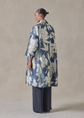 silk mix sloped shoulder wide a-line open jacket with collar - 3/4 length (bluegold)